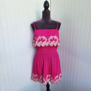 Chelsea & Violet  Dress Hot Pink BeigeFloral Embroidered Beachy Boho Romantic M